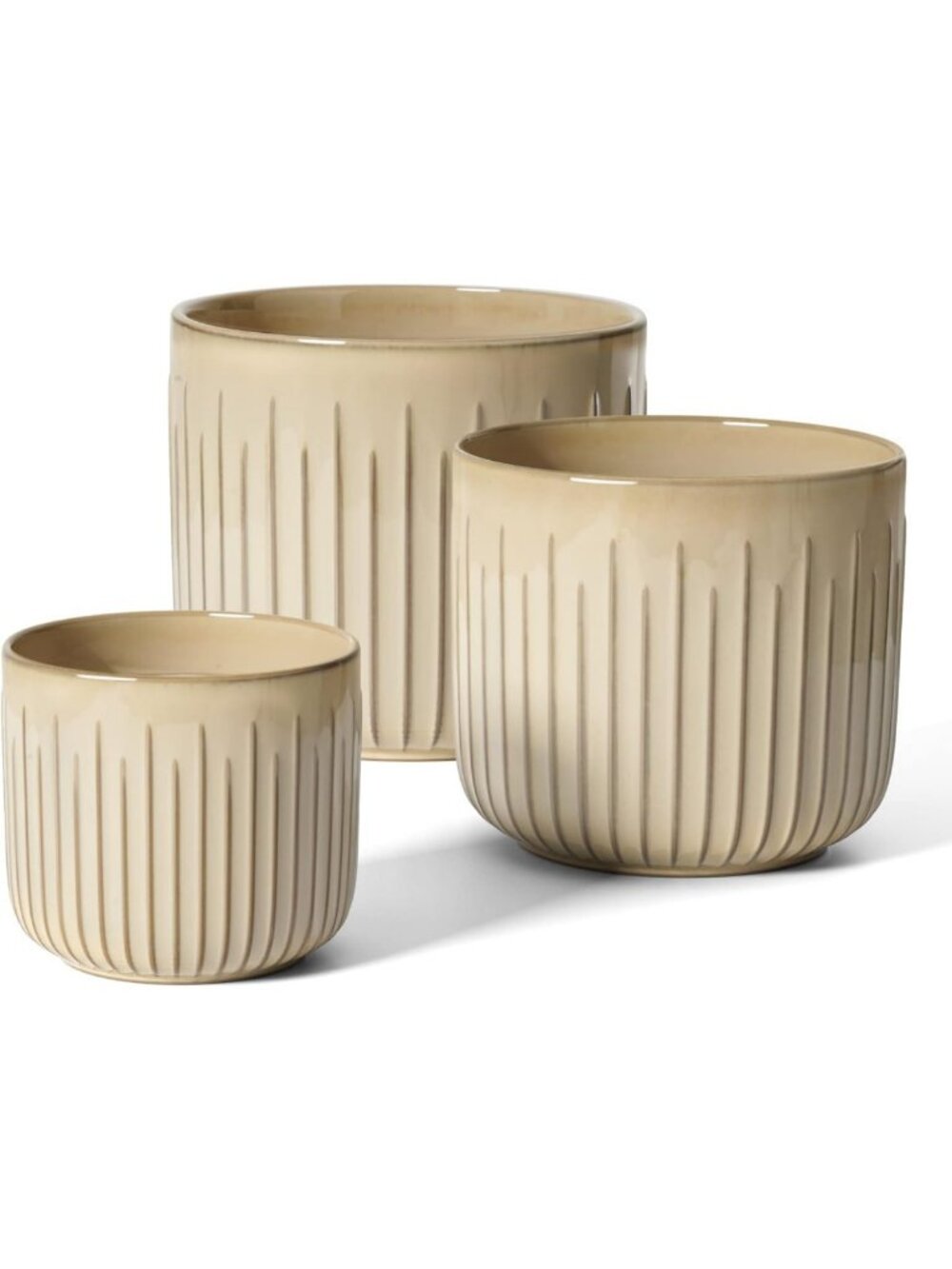 Set of 3 Modern Ceramic Indoor Planters with Drainage Holes - Glossy Sand Beige